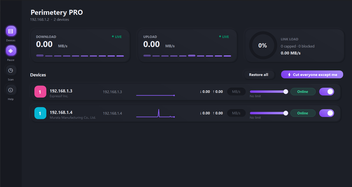 Perimetery PRO dashboard showing live download and upload throughput, link load, and per-device bandwidth controls