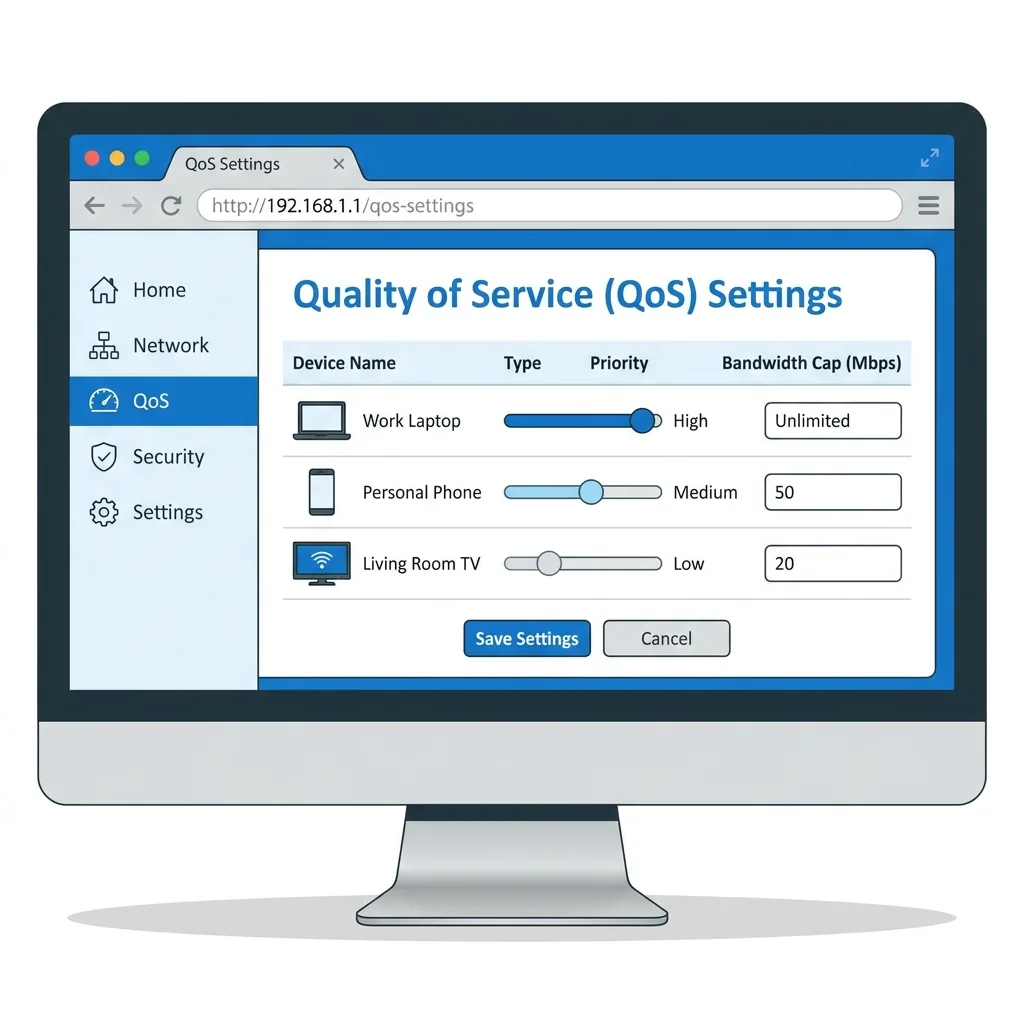 Router admin dashboard showing Quality of Service settings with device priority levels and bandwidth limits configured.
