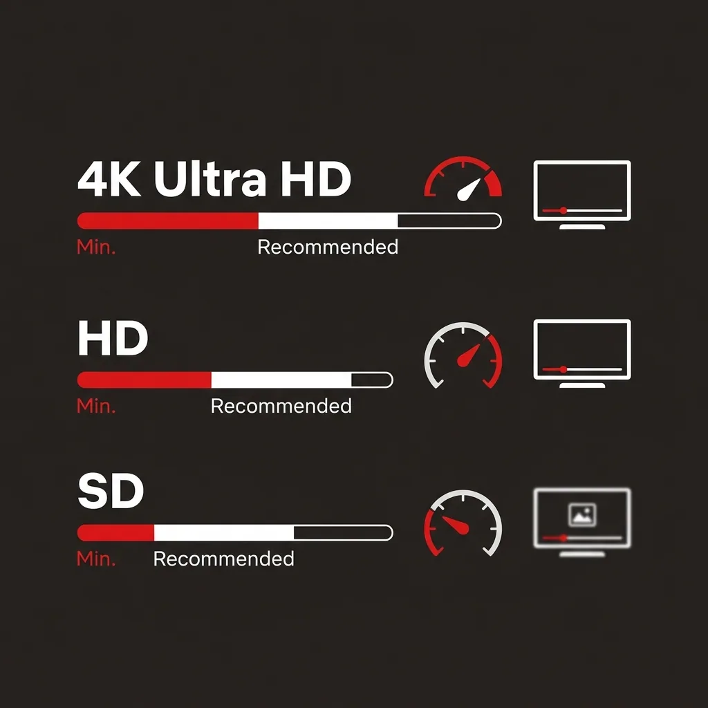 A comparison table showing Netflix video quality tiers alongside their minimum and recommended internet speeds.