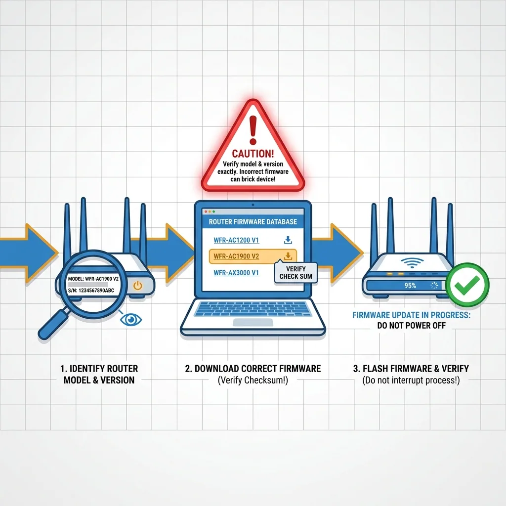 Step-by-step illustration of the DD-WRT firmware flashing process with a warning about hardware revision checks.