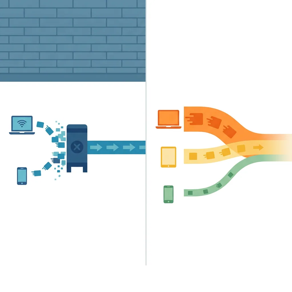 A split diagram comparing a hard bandwidth cap system on the left with a flexible QoS priority lane system on the right.