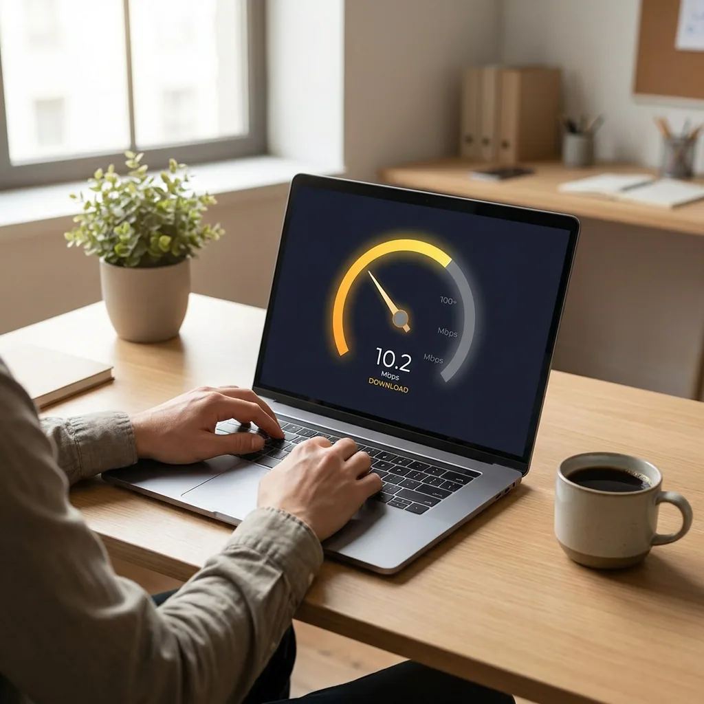A person using a laptop connected to a guest WiFi network while a speed test result is displayed on the screen.