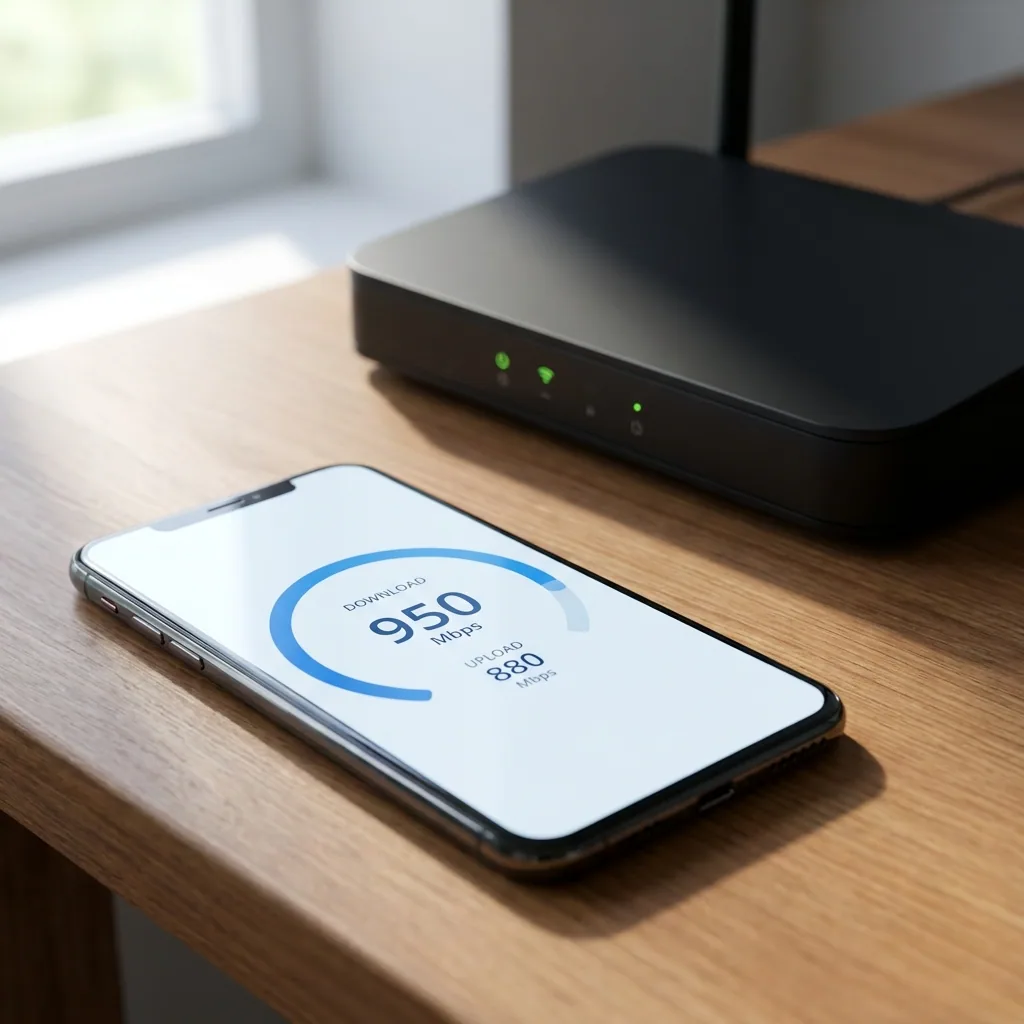 A smartphone displaying a speed test result screen next to a Wi-Fi router, confirming a bandwidth limit is working correctly.