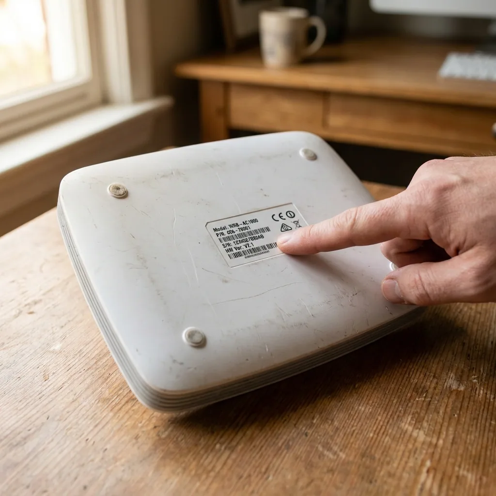A hand holding a TP-Link router showing the bottom label with the hardware version number clearly visible.