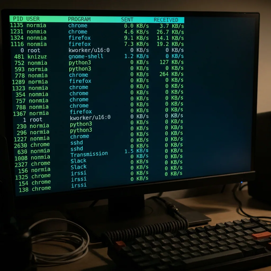 A terminal window on a Linux desktop displaying real-time per-process bandwidth usage, representing command-line network monitoring tools.