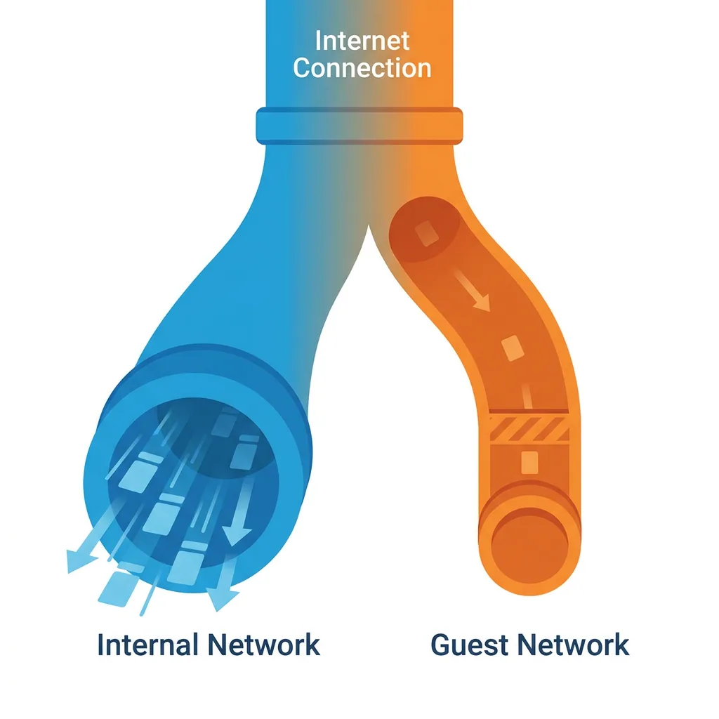 Diagram showing a shared internet pipe split into a larger internal network lane and a smaller capped guest network lane.