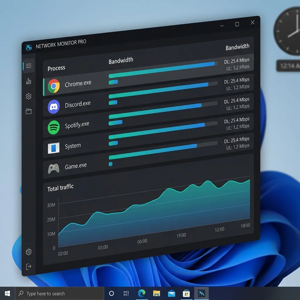 Dashboard-style interface showing real-time per-process network traffic monitoring with bandwidth usage bars for multiple applications.
