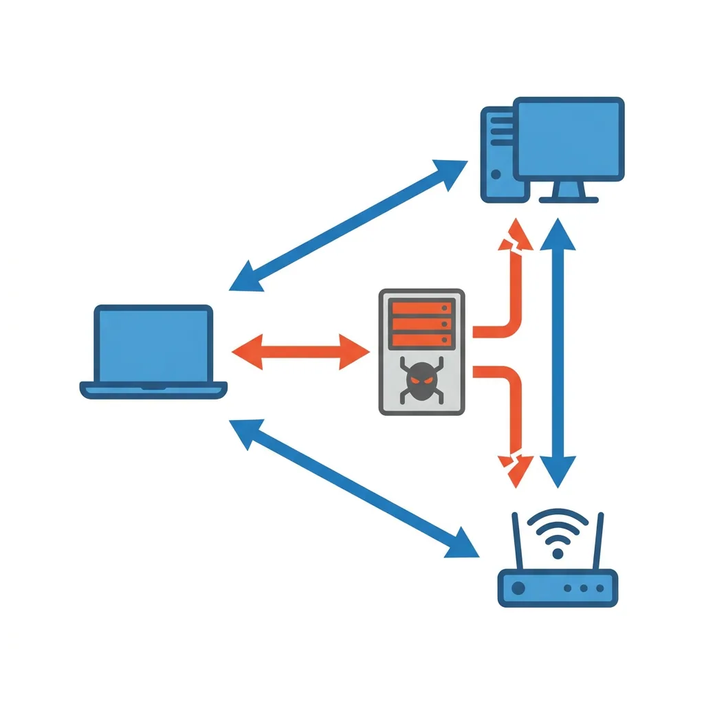 Diagram showing ARP spoofing traffic flow between devices on a local network, with one machine intercepting packets.
