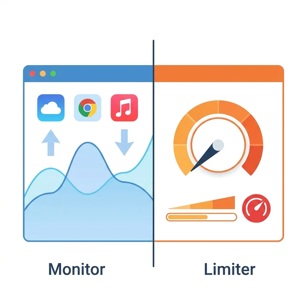 A split comparison diagram showing a network monitor on one side and a bandwidth limiter/throttler on the other, highlighting their distinct functions.