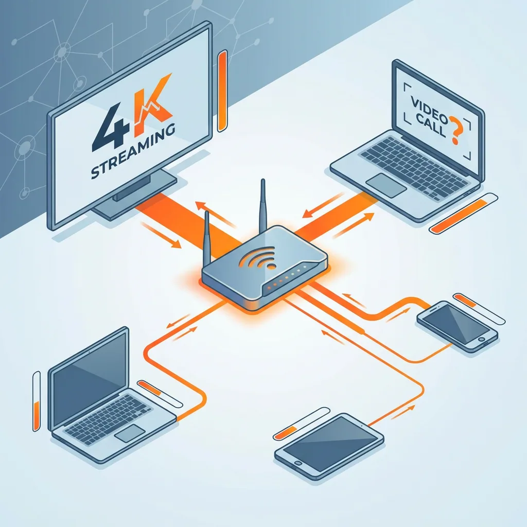 A diagram illustrating multiple simultaneous devices on a home or office network competing for bandwidth while streaming video.