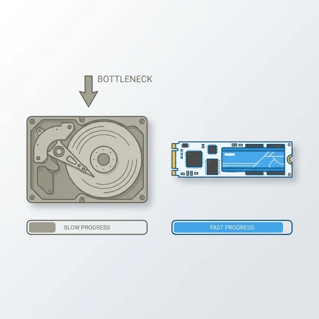 Side-by-side comparison of a slow mechanical hard drive and a fast SSD illustrating the difference in disk write speed as a download bottleneck.