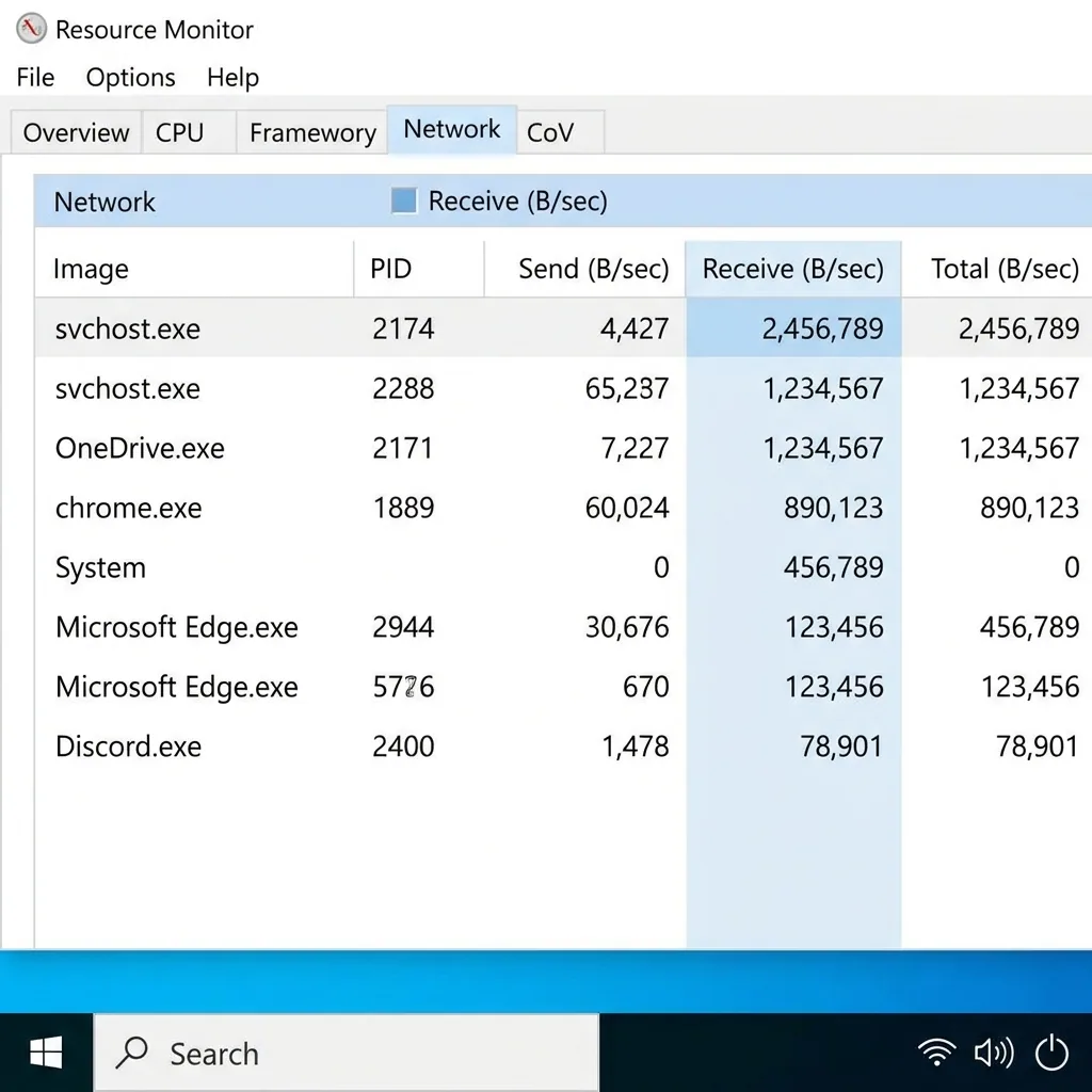 Windows Resource Monitor Network tab showing active processes sorted by receive rate with bandwidth usage data.