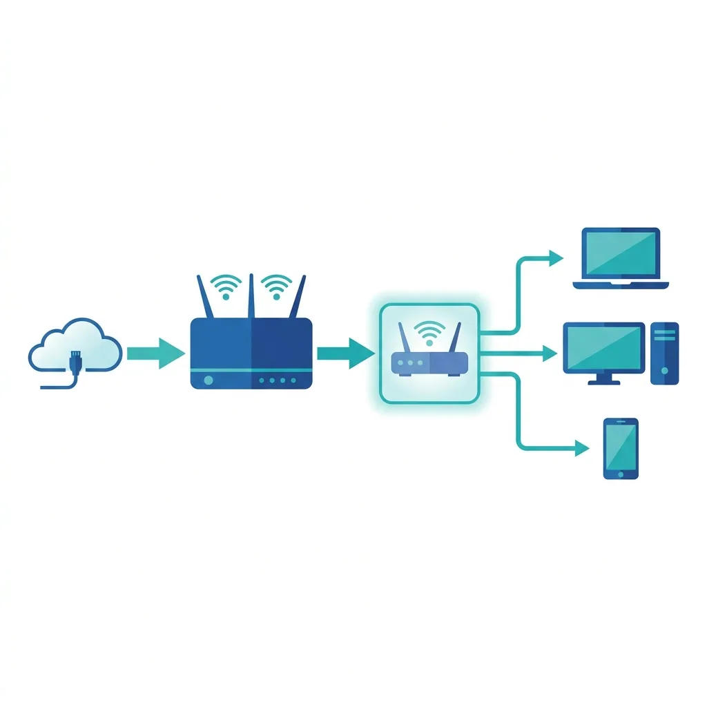 Diagram showing a second router physically placed between a main router and end-user devices to enable independent bandwidth control.