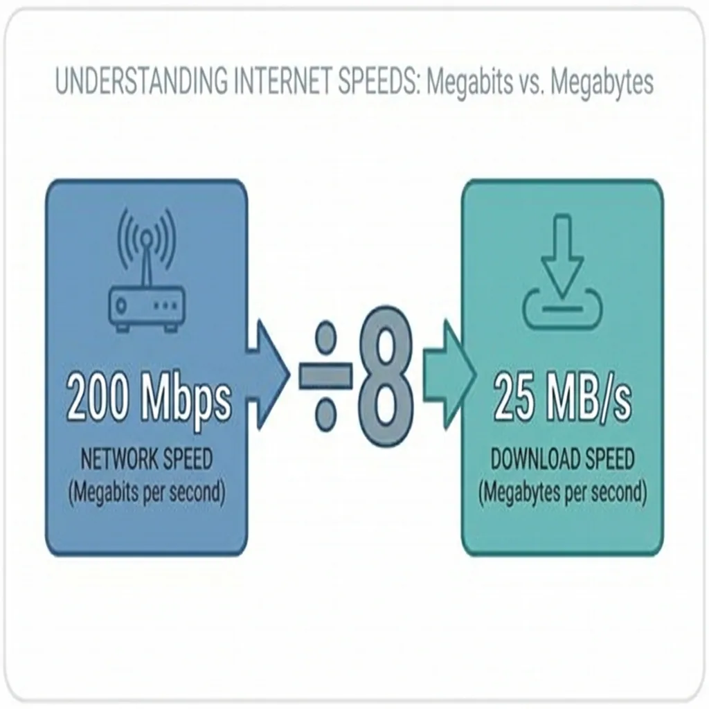 Diagram comparing Mbps and MB/s units showing the divide-by-8 conversion between internet plan speeds and Steam download speeds.