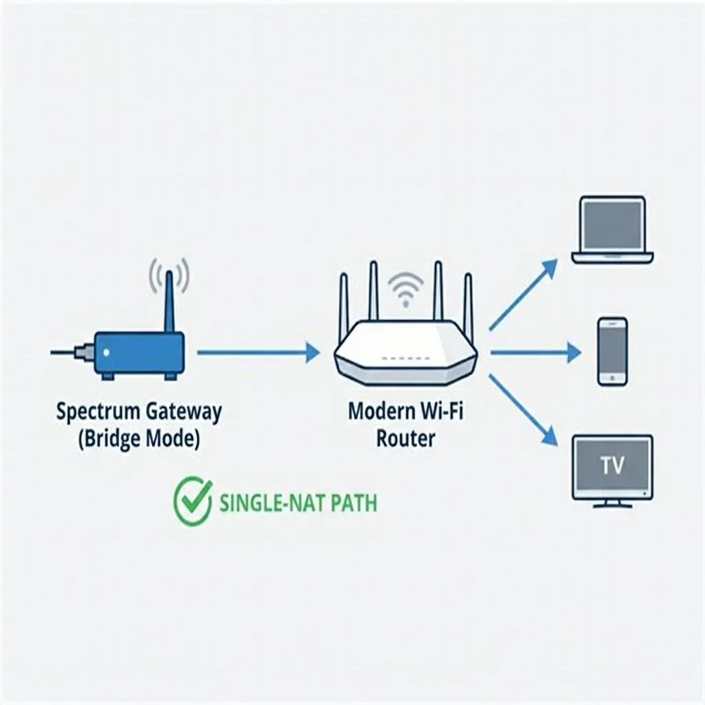 Diagram showing a Spectrum gateway in bridge mode connected to a third-party router, illustrating how double-NAT is avoided.