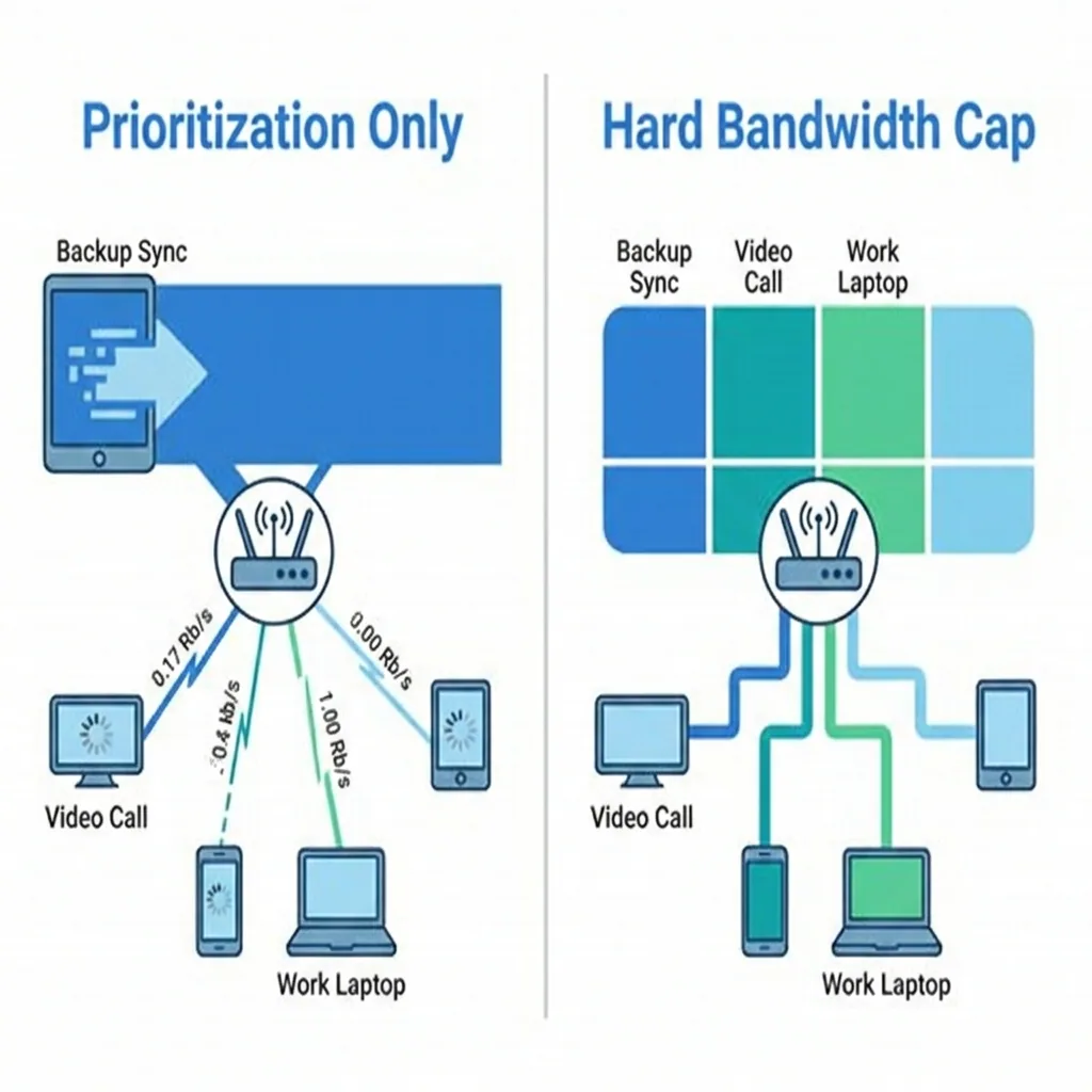 Diagram comparing QoS traffic prioritization versus hard per-device bandwidth caps on a shared network.